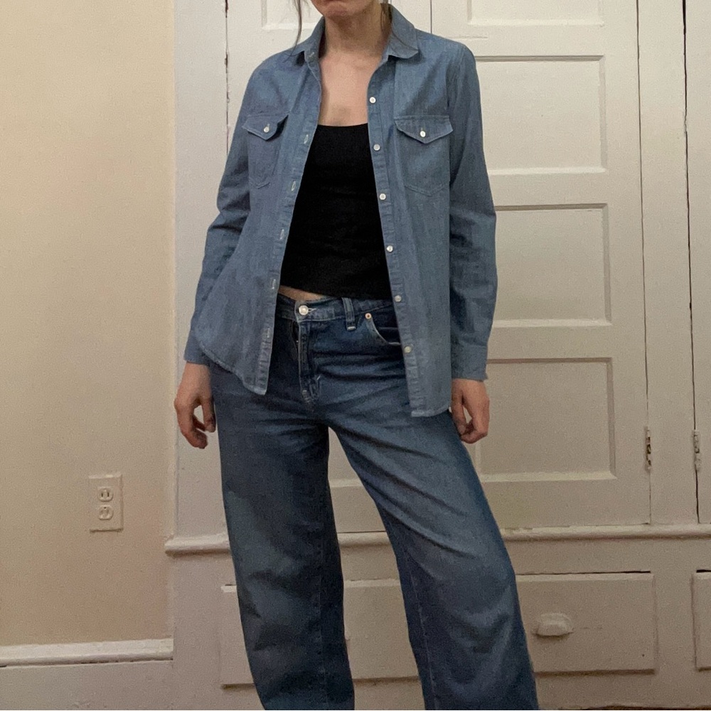 J. McLaughlin Lightweight Denim Button-down Shirt w/ Pattern Lining